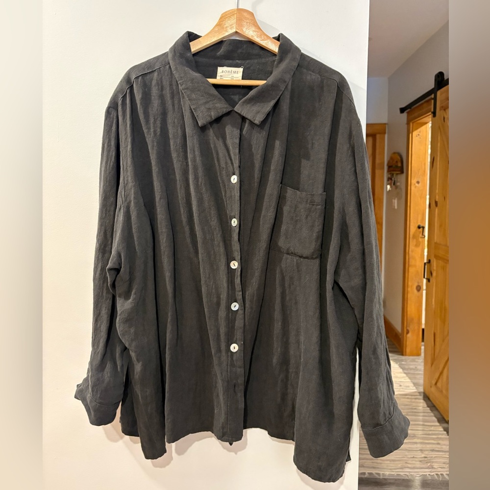 Bohéme 100% linen Charcoal Button-Down Shirt S/M - Picture 3 of 6
